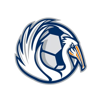 Illustration of a pelican showing its wings with soccer football ball in the background viewed from the side done in retro style.