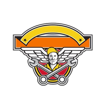 Icon retro style illustration of a crew chief or aircraft mechanic with crossed spanner or wrench and aviator or army wings set inside circle with banner in foreground on isolated background.