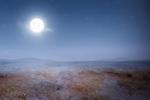 Views of cracked land with hills and moon over night scene background