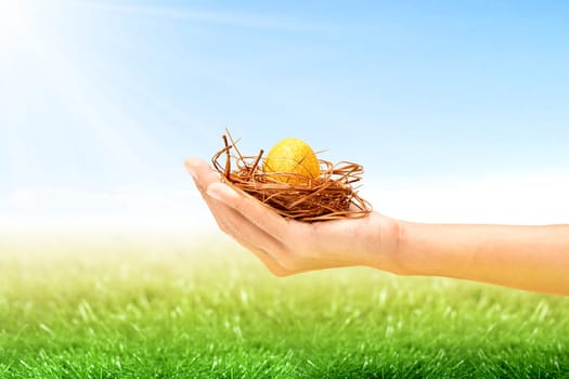 Human hand holding the nest with yellow easter egg on the grass field with sunlight and blue sky background. Happy Easter