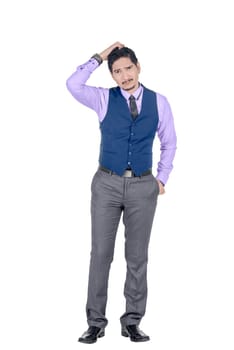Young asian businessman scratching his head and look confused posing isolated over white background