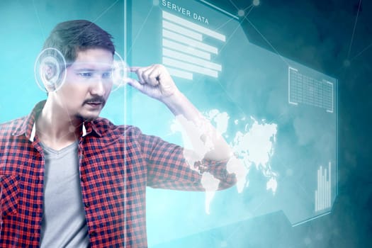 Asian man looking at digital interface with virtual glasses device display the world map, graphic bar and binary code. Augmented reality technology