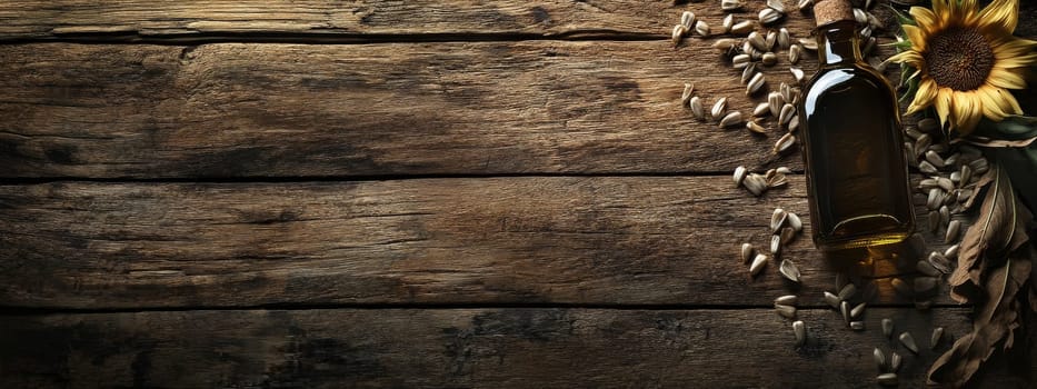 Sunflower oil extract in small bottle on wooden table, Generative AI, food