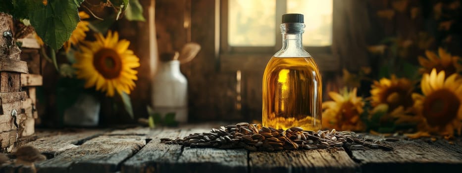 Sunflower oil extract in small bottle on wooden table, Generative AI, food