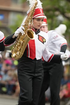 Louisville, Kentucky, USA - May 03, 2018: The Pegasus Parade, Marching band from the University of Louisville going down W Broadway