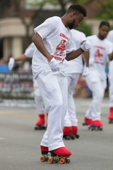 Louisville, Kentucky, USA - May 03, 2018: The Pegasus Parade, Members of the Louisville Skaters United, on roller skates dancing, during the parade