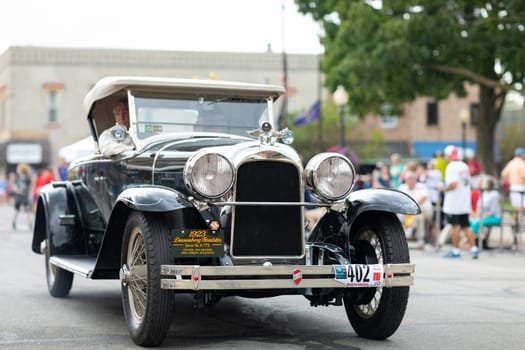 Auburn, Indiana, USA - September 9, 2018 The Auburn Cord Duesenberg Festival, A Duesenberg classic car driving down the street during the parade