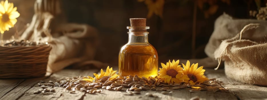 Sunflower oil extract in small bottle on wooden table, Generative AI, food