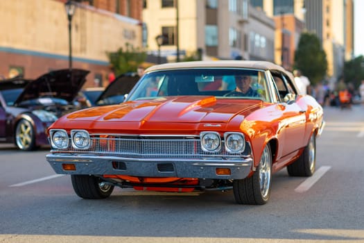 Springfield, Illinois, USA - September 22, 2018: The Route 66 Mother Road Festival, Chevrolet Chevelle being driven on the streets of downtown Springfield