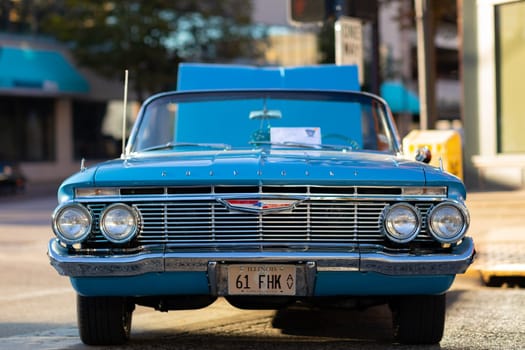 Springfield, Illinois, USA - September 22, 2018: The Route 66 Mother Road Festival, Front View of a Chevrolet Impala on the streets of downtown Springfield