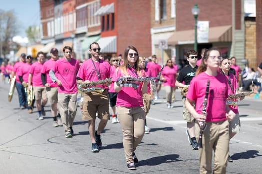 Orleans, Indiana, USA - April 28, 2018: The Orleans DogWood Festival and Parade, Orleans High Shcool marching band Go Dawgs Perform during the parade