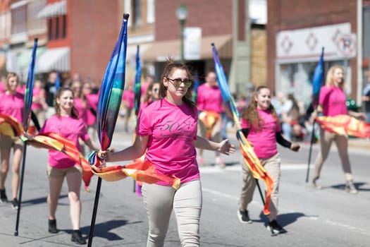 Orleans, Indiana, USA - April 28, 2018: The Orleans DogWood Festival and Parade, Orleans High Shcool marching band Go Dawgs Perform during the parade