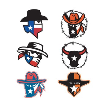 Mascot icon illustration of head of a Texan outlaw or bandit and a Texas longhorn bull on isolated background in retro style.