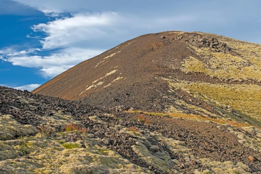 Colorful Grabrok Crater in the Sun near Grabrok, Iceland