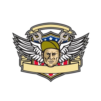 Mascot icon illustration of head of a crew chief or aircraft mechanic with crossed wrench and air force army wings with American stars and stripes flag inside shield on isolated background in retro style.