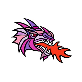 Mascot icon illustration of head of a mythical dragon breathing fire viewed from side on isolated background in mosaic style done in color.