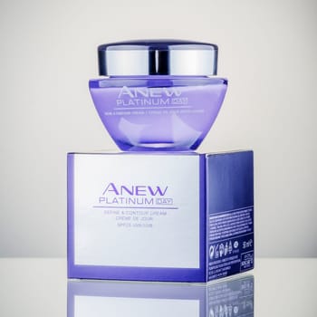 Avon cosmetic isolated on gradient background. Avon Products Inc was founded by David McConnell in 1886 in England.