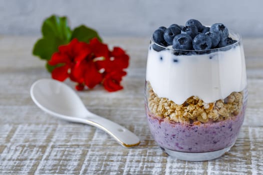 Granola with yogurt and blueberriesGranola with yogurt and blueberries in a glass beaker