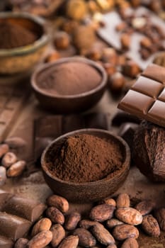 Cocoa pod and chocolate bar and food dessert background