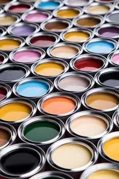 Collection of colored paints cans