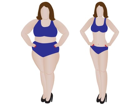 Fat and slim girl. Weight loss obesity slimming before and after fitness. Vector illustration