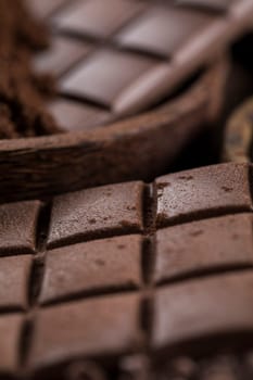 Cocoa pod and chocolate bar and food dessert background