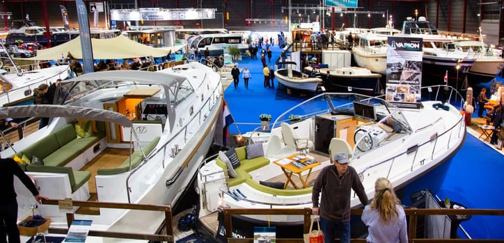 Leeuwarden, The Netherlands - February 8: Boot Holland indoor boat show in WTC Expo, Leeuwarden, The Netherlands.