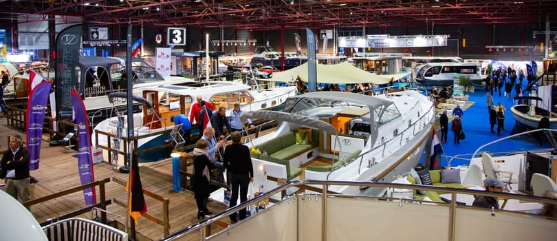 Leeuwarden, The Netherlands - February 8: Boot Holland indoor boat show in WTC Expo, Leeuwarden, The Netherlands.