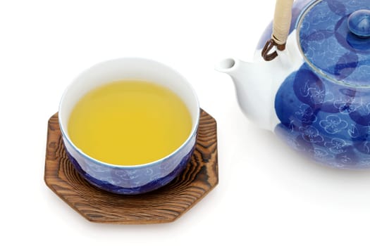 Green tea in a japanese tea set with cup and pot