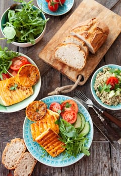 BBQ grilled cheese with fresh salad and bread