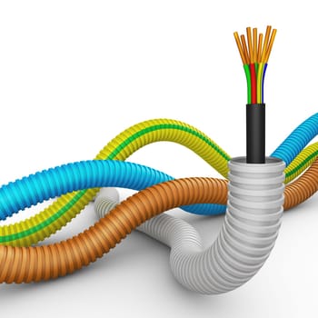 Electric cable and multi-colored flexible corrugated pipes. 3D visualization
