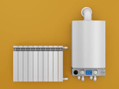Gas boiler and radiator on the wall. 3d render