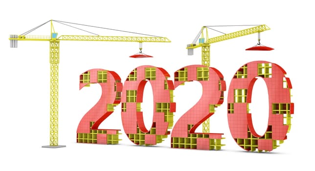 Two tower cranes building a volumetric figure of 2020. 3d render.