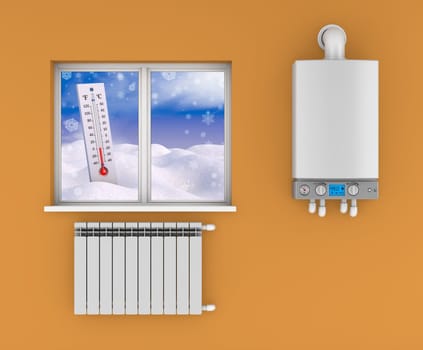 Gas boiler with radiator and thermometer in the window. 3d render