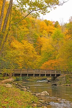 Rural Bridge in a Fall Forest over Deep Creek in the Great Smoky Mountains in North Carolina