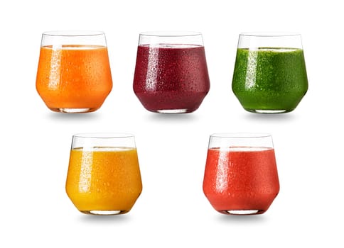 Collage of Glass fruit juice and health smoothie isolated on white. Healthy summer treats rich in vitamins. Raw, vegan, vegetarian, alkaline food concept.