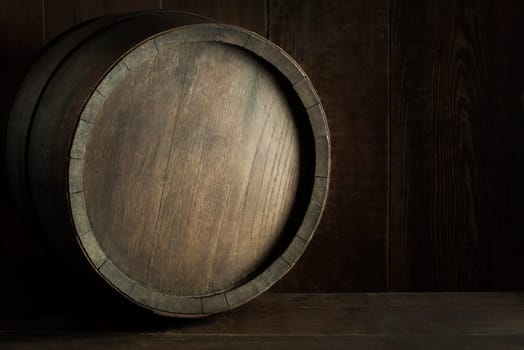 Brewery, winery background. Wine, beer barrels stacked background. Wooden barrel background