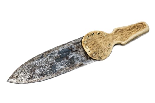 Old Indian hand-forged knife with bone handle isolated on white