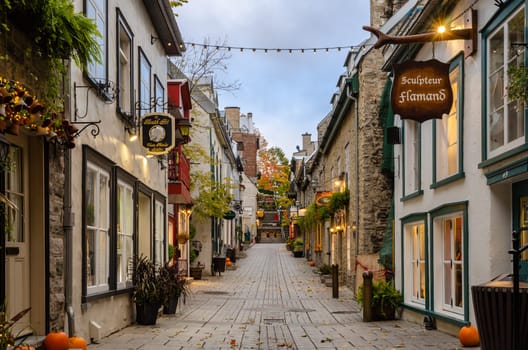 Quebec, Canada - October 16, 2018: View of Rue du Petit-Champlain little street in Lower town of Old Quebec city in Quebec, Canada.