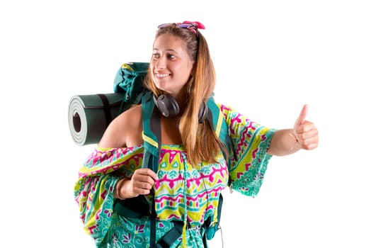 Happy hiker girl with backpack hitchhiking isolated in white, trekking and travel lifestyle concept