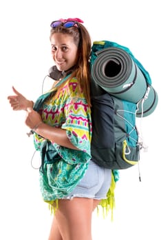 Happy hiker girl with backpack isolated in white, trekking and travel lifestyle concept