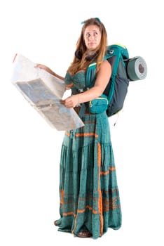 Hiker girl with backpack and map isolated in white, trekking and travel lifestyle concept