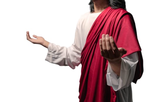 Jesus christ raised hands with open palms and praying to god posing isolated over white background