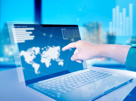 Business woman touch the laptop screen and display the interface of world maps, server data, binary code and graph. Digital technology concept