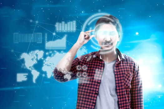 Asian man looking at digital interface with virtual glasses device display the world map, graphic bar and binary code. Augmented reality technology