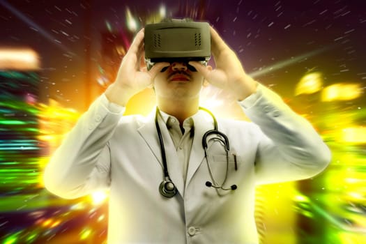 Asian male doctor in white coat and stethoscope using virtual reality device. Augmented reality technology