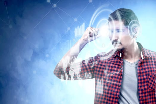 Asian man looking at digital interface with virtual glasses device display the world map, graphic bar and binary code. Augmented reality technology