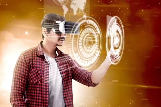 Asian man touching a circle on digital interface with virtual reality device display the world map and binary code. Augmented reality technology