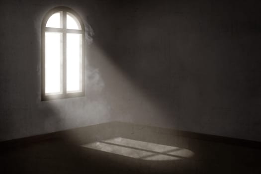 Light from outside the windows illuminate the dark room