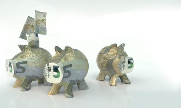 Three little piggy banks with five euros